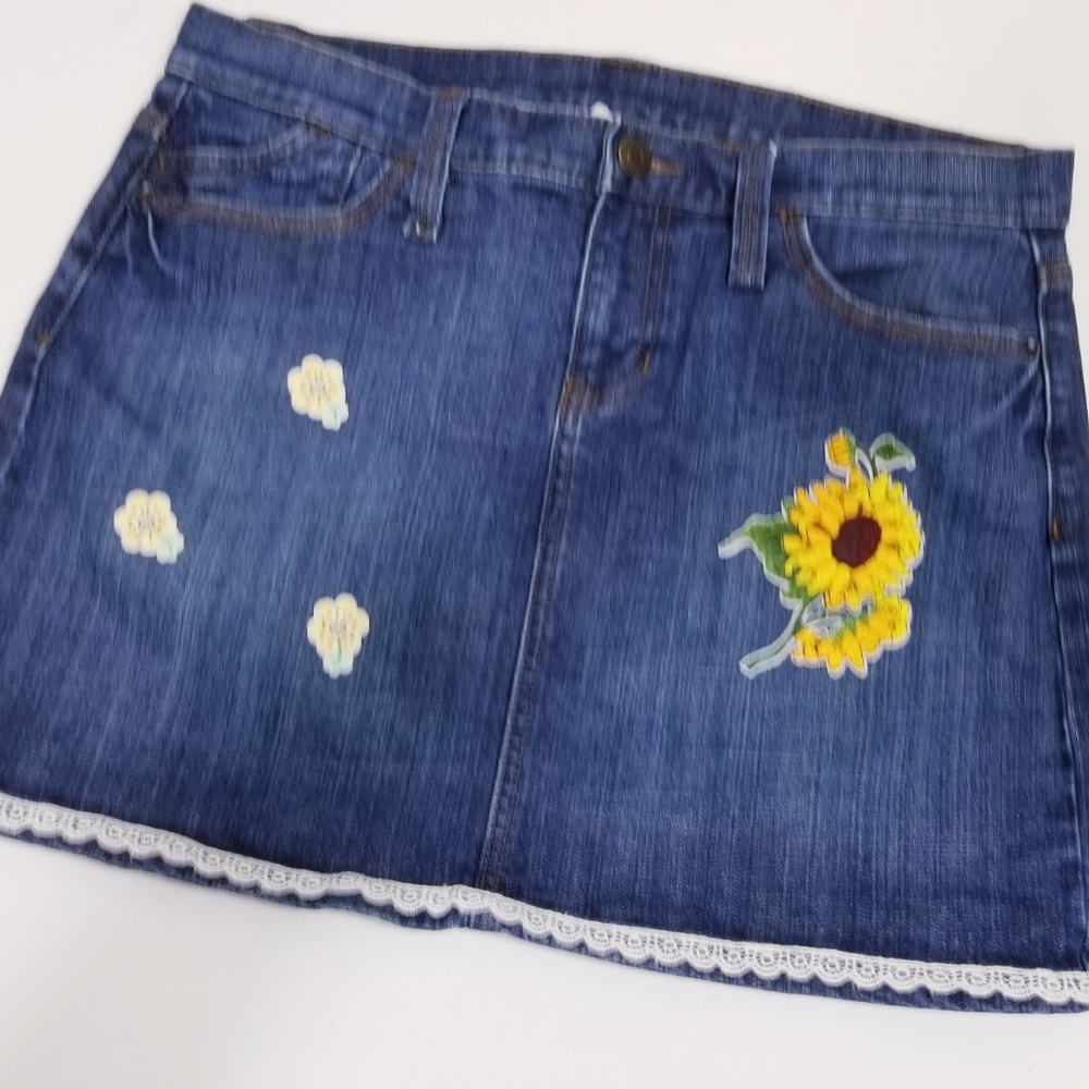 Gap Jean Denim Mini Jean Skirt Sz 10 Upcycled Lace - Picture 5 of 5